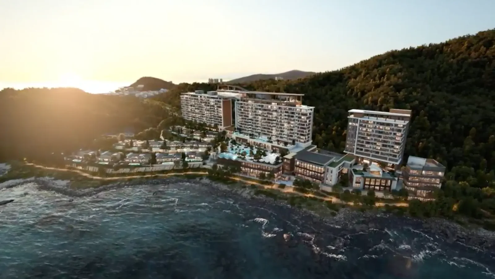Still from the Banyan Tree Busan presentation film — the resort on a coastal hillside